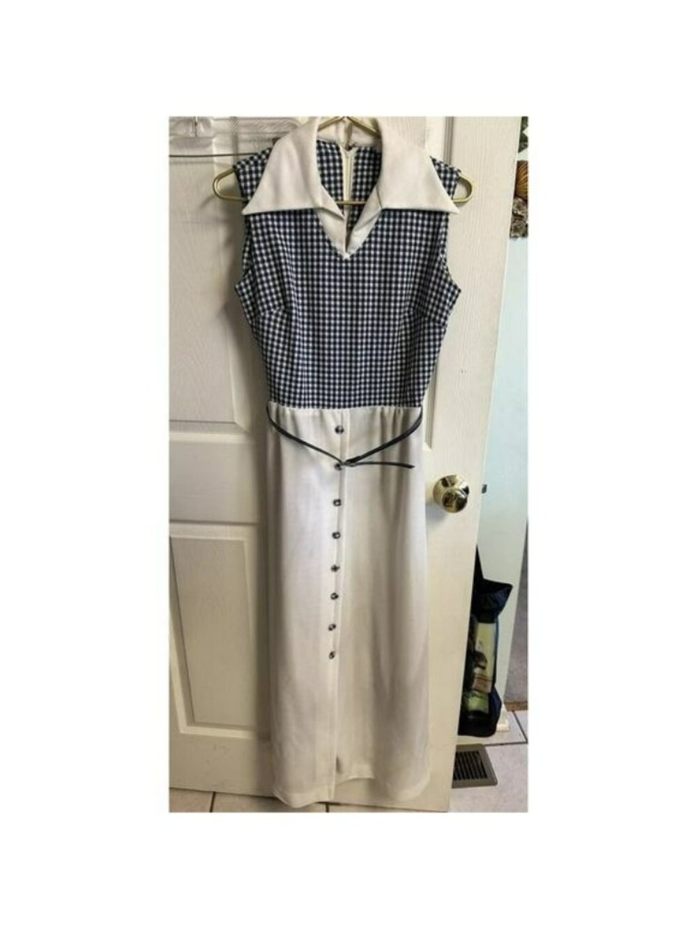 VNT 60s 70s Blue White Dress Mod Union Made Med 34 Bust Gingham Plaid Belt Maxi